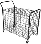 A black wire basket on wheels, positioned against a clean white background.